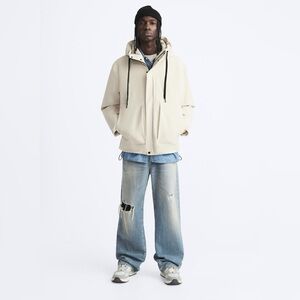 ZARA Technical Fabric Hooded Jacket Size L Beige Neutral